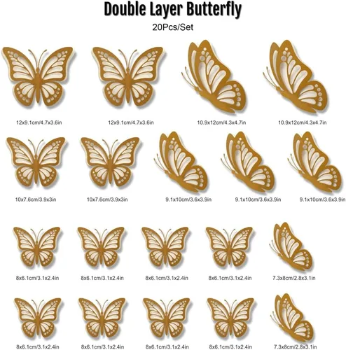 Vista 2 de 20 calcomanías de pared con mariposas 3D, calcomanías de papel de doble capa, calcomanías de mariposa extraíbles para decoración de salas de estar