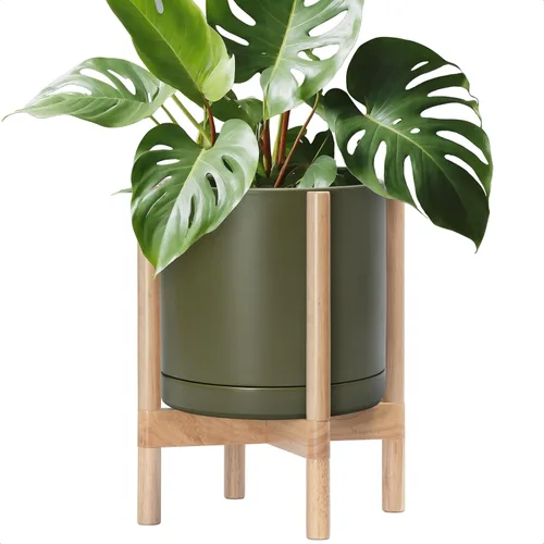Vista 26 de D'vine Dev Maceta de cerámica con soporte de ébano – Maceta redonda moderna de 8 pulgadas con soporte para maceta de madera, color negro, 55-B-M-2