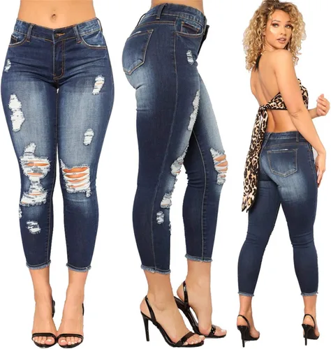 Vista 6 de Andongnywell - Pantalones de mezclilla elásticos con agujeros rasgados para mujer pantalones de mezclilla desgastados con bolsillos