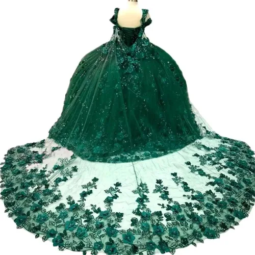 Vista 2 de Dydsz Vestido de quinceañera floral con hombros descubiertos para mujer, con mangas, vestido de fiesta de graduación
