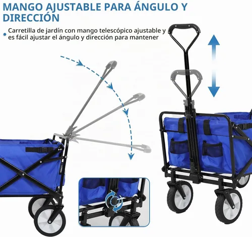 Vista 4 de Carros plegables de alta resistencia con ruedas, mango ajustable, carrito de playa plegable para comestibles al aire libre, pesca, campamento Azul