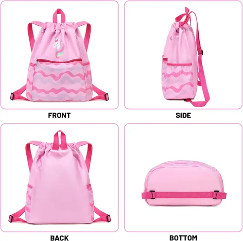 Vista 2 de Ryushoyo Bolsa impermeable con cordón para gimnasio, mochila deportiva para hombres, mujeres, niñas y niños, Unicornio Wave Rosa