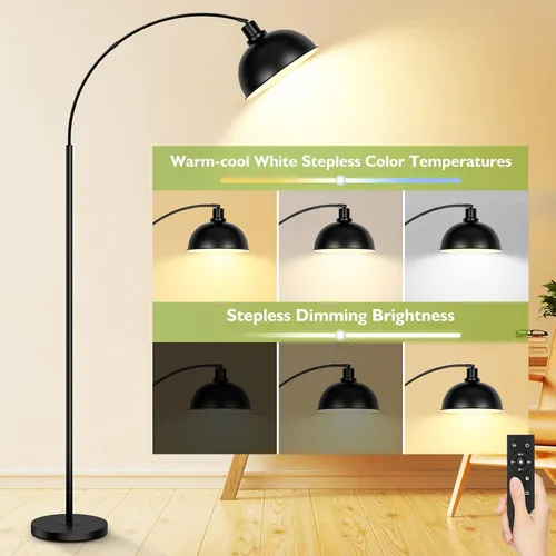 Vista 3 de Lámparas de pie de arco para sala de estar, moderna lámpara de pie alta con control remoto, lámpara de pie negra regulable continua con pantalla