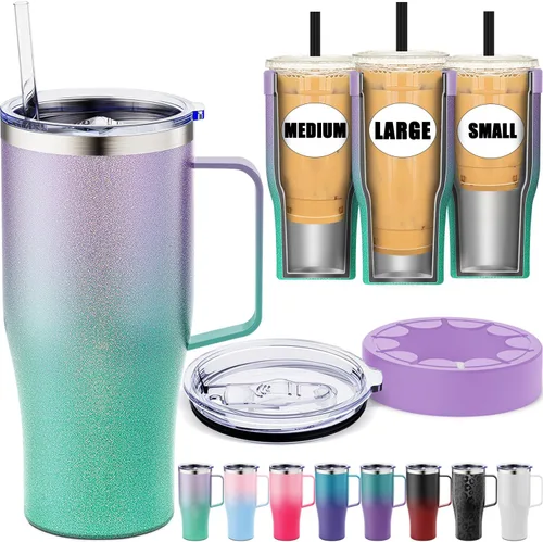 Vista 8 de Funda universal para café helado con asa - Soporte aislante de acero inoxidable reutilizable de doble pared para bebidas frías que se adapta a tazas