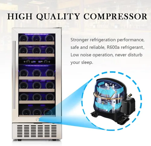 Vista 5 de COWSAR Refrigerador de vino de 28 botellas, refrigerador comercial de bebidas de doble zona, temperatura independiente, LED, enfriador de vino