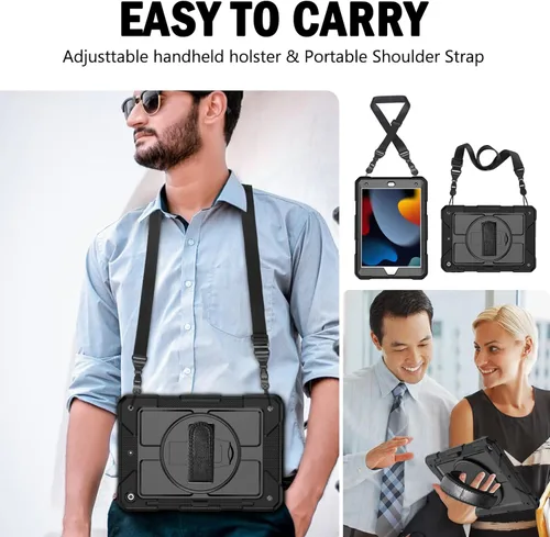 Vista 9 de BMOUO Funda para iPad de 9ª/8ª/7ª generación de 10.2", a prueba de golpes con soporte giratorio de 360°, correa de hombro y mano, funda para iPad