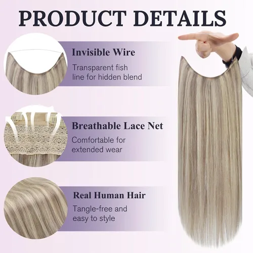 Vista 2 de Fshine - Extensiones de cabello con hilo invisible de 12 pulgadas, color rubio ceniza con reflejos de rubio decolorado, pieza de cabello humano real
