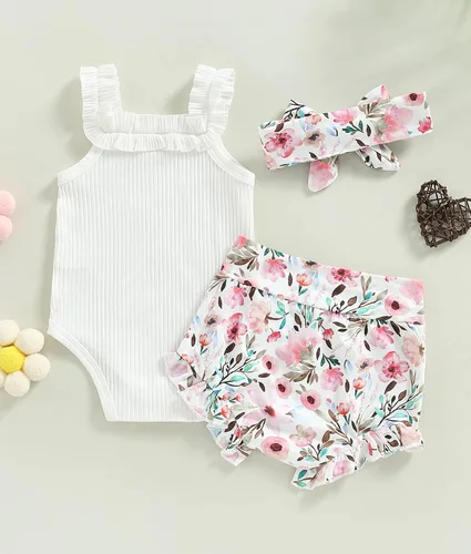 Vista 3 de Conjunto de ropa de verano para bebé recién nacida, conjunto de ropa de verano con estampado floral, mameluco con cordón y diadema corta