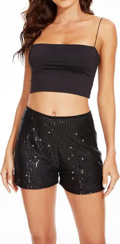 Vista 3 de BAICAIYU Pantalones cortos de lentejuelas para mujer, brillantes de cintura alta, color negro, ligeros, pierna recta, pantalones casuales
