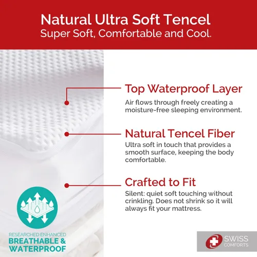 Vista 7 de Swiss Comforts Protector de colchón 100% impermeable tamaño Queen – Funda de colchón Tencel Naturalmente refrescante, transpirable y silencioso