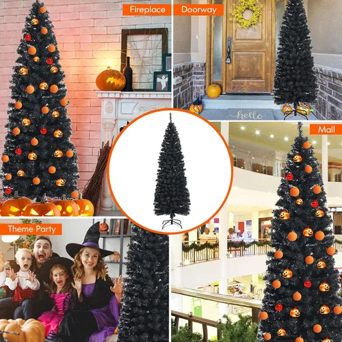 Vista 5 de Árbol de Navidad negro de 6 pies, árbol de lápiz delgado con 520 puntas de rama, hojas de PVC de calidad, soporte de metal plegable, árbol