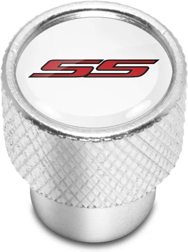 Vista 2 de iPick Image Para Chevrolet Camaro SS Logo Blanco sobre tapas de vástago de válvula de neumático de aluminio plateado brillante