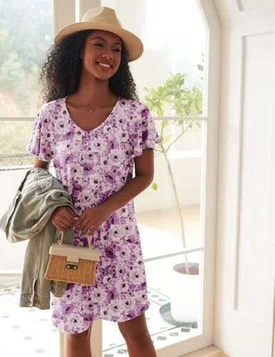 Vista 2 de Ekouaer Paquete de 2 camisones para mujer, manga corta, cuello en V, ropa de dormir, lisoestampado floral