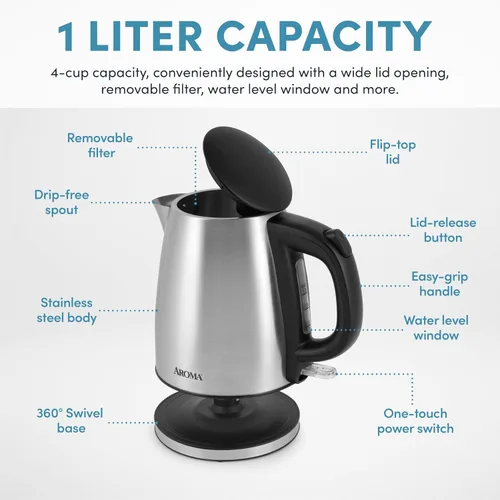 Vista 5 de Aroma Housewares - Tetera eléctrica de acero inoxidable de 1.0L / 4 tazas (AWK-267SB)