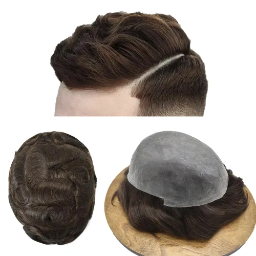 Vista 78 de 0.002 in ultra fina piel tupé Remy cabello humano piezas para hombres V-Looped sistema de pelo para hombre tupé pelo tupé para hombres protesis