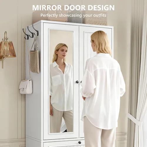 Vista 5 de iPormis Armario de madera con puerta de espejo y cajón, armario para recámara con 2 puertas para colgar ropa, color blanco