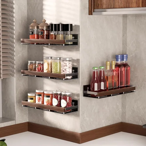 Vista 8 de Organizador magnético de especias de nogal para refrigerador, soporte de pared, estante de especias magnético para refrigerador, organizador