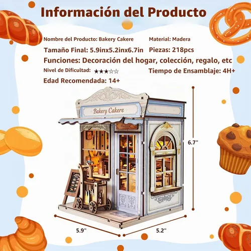 Vista 2 de Kit de construcción de casa en miniatura DIY, kit de rincón de lectura de panadería, rompecabezas de madera en 3D para estanterías, kit de casa