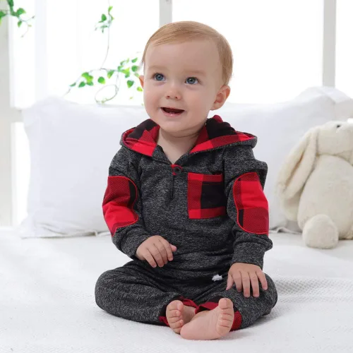 Vista 2 de SANMIO Conjunto de sudadera con capucha para niños y niñas, sudadera clásica a cuadros + pantalones
