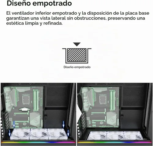 Vista 5 de Caja de PC Montech Serie HS ATX de torre media, PC para juegos, alto flujo de aire, diseño reversible, panel frontal curvo robusto de vidrio