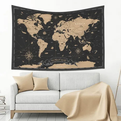 Vista 3 de MOUNDHONG Tapiz negro retro con mapa del mundo para colgar en la pared, tapiz de arte retro para pared, tapices de pared grandes para dormitorio