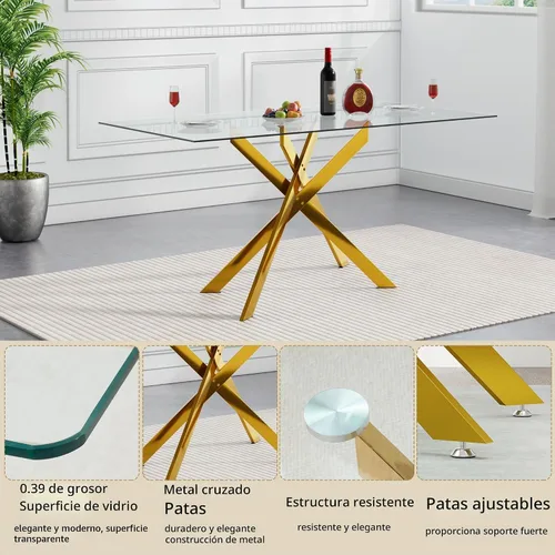 Vista 6 de Juego de mesa de comedor de cristal de 5 piezas para 4, moderno juego de mesa de cocina rectangular de vidrio templado transparente de 51.18