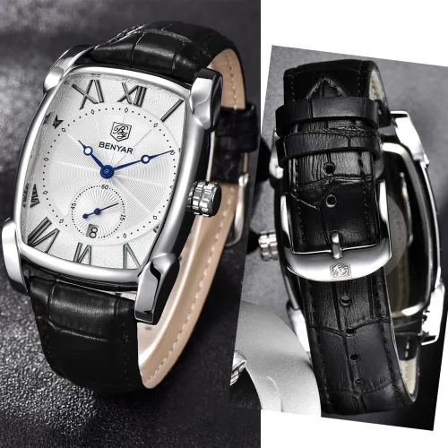 Vista 2 de BENYAR - Reloj de pulsera rectangular para hombre con correa de piel, estilo retro, casual, clásico, regalo perfecto para amigos