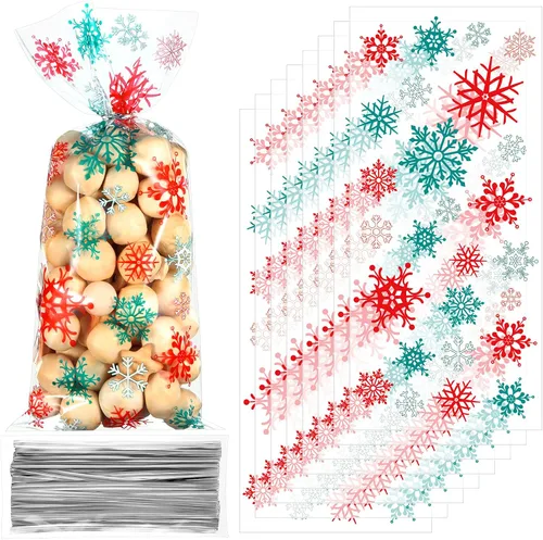 Vista 8 de Clabby 100 Piezas Bolsas de Celofán para Dulces de Navidad Rojas Verdes con Copos de Nieve Bolsas de Plástico Cello para Dulces y Golosinas