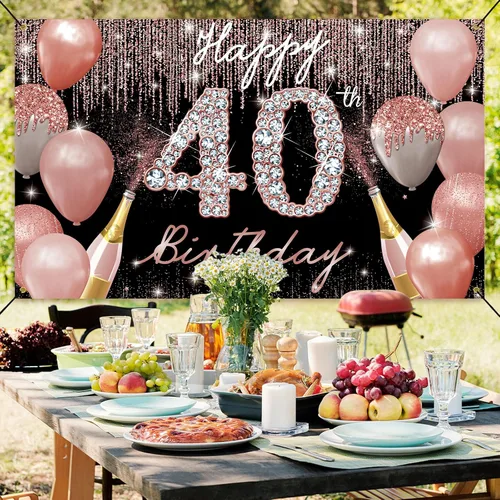 Vista 3 de Cartel de fondo de feliz cumpleaños 40, decoración de cumpleaños 40 para mujer, oro rosa, cartel de fiesta de cumpleaños de 40 años, cartel de fondo