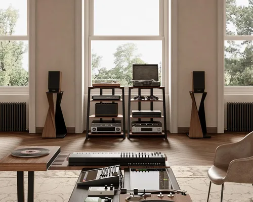 Vista 2 de FITUEYES Diseño de 4 niveles, estante de esquina para reproductor de discos, gabinete de madera para equipo de audio, torre de estantes con altura