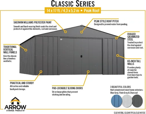Vista 8 de Arrow Classic Cobertizo de metal, 14 x 17, gris flauta