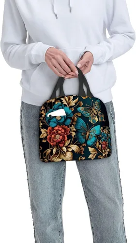 Vista 7 de OOZ Lonchera térmica para mujeres y hombres, hermosas flores doradas y mariposas, reutilizable, a prueba de fugas, para el trabajo, oficina, picnic