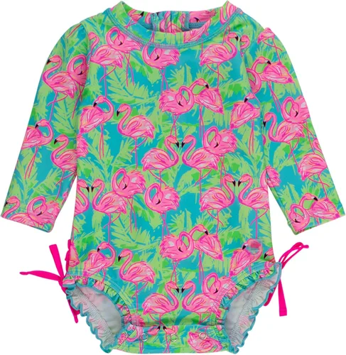 Vista 13 de RuffleButts - Traje de baño de una pieza con protección solar UPF 50+, camiseta de protección floral estampado, manga larga, con cierre zipper