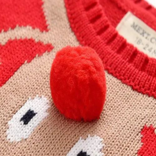 Vista 4 de Suéter de punto con cuello redondo para niños y niñas pequeñas, sudadera de algodón, ropa cálida para otoño e invierno, Rojo