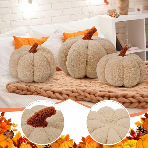 Vista 6 de Juexica 3 almohadas de calabaza de peluche esponjosas en 3D con forma de calabaza para decoración de otoño, Acción de Gracias, Halloween, cojín