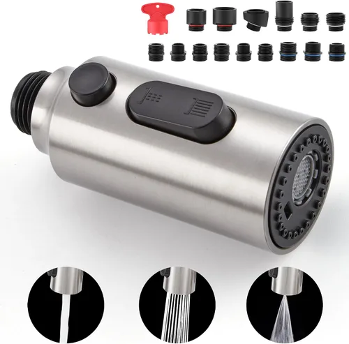 Vista 11 de Cabezal rociador desplegable para fregadero de cocina, repuesto con 15 adaptadores, boquilla rociadora de grifo extraíble de 3 funciones, oro Oro