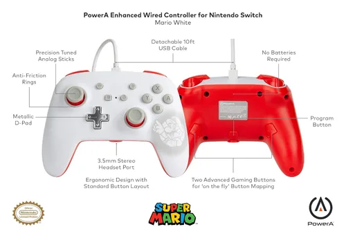 Vista 2 de PowerA Enhanced Wired Controller for Nintendo Switch - Mario White, Gamepad, game controller, wired controller, officially licensed
