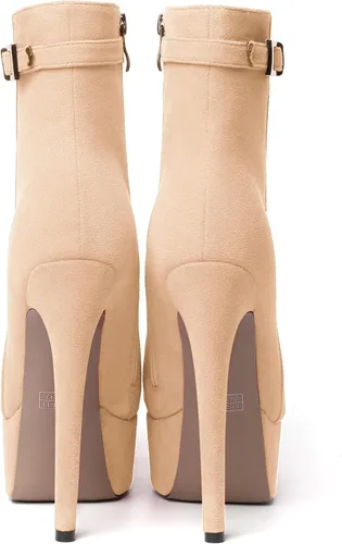 Vista 4 de SKYSTERRY Botas altas de tacón alto de gamuza con cremallera y puntera redonda para mujer, 6 pulgadas