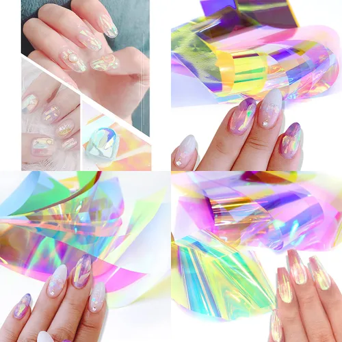 Vista 3 de 10 rollos de papel de vidrio Aurora degradado para arte de uñas, 3D, holográfico, de cristal, efecto de fragmento, efecto de fragmento de espejo