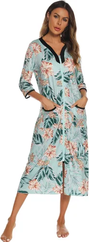 Vista 4 de Hellomamma Bata con cremallera para mujer, manga 34, vestido de descanso, longitud completa, bolsillos, bata de baño larga