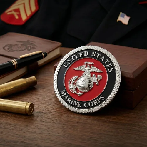 Vista 2 de USMC Medallón de automóvil rojo/plateado – Logotipo de metal Águila, Globo y Ancla del Cuerpo de Marines de 3.5 pulgadas para automóvil - Regalo