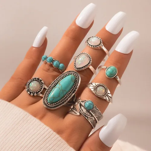 Vista 2 de Juego de anillos bohemios de turquesa para mujer, anillos apilables vintage para nudillos, anillos ovalados con piedras preciosas de piedra gruesa