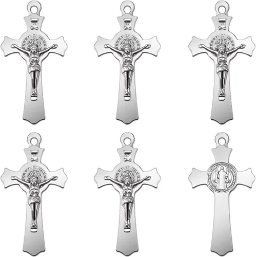 Vista 10 de 10 piezas de medallas de metal de San Benito con cruz, dijes de rosario, centro INRI, crucifijo, cuentas colgantes, joyería católica DIY, regalos