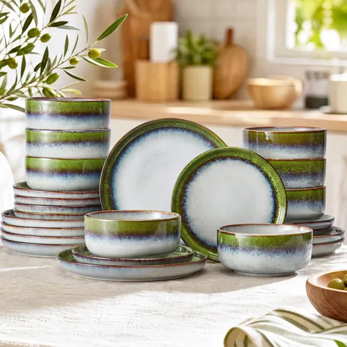 Vista 18 de Stoneware Dinnerware Sets for 8, Reactive Glaze, Beige