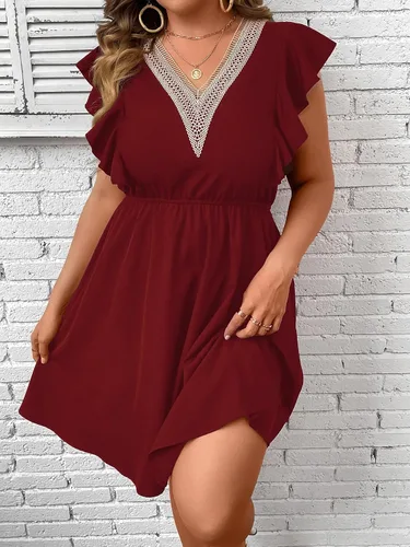 Vista 5 de Verdusa Vestido corto acampanado con encaje en contraste y cuello en V y manga casquillo con volantes para mujer