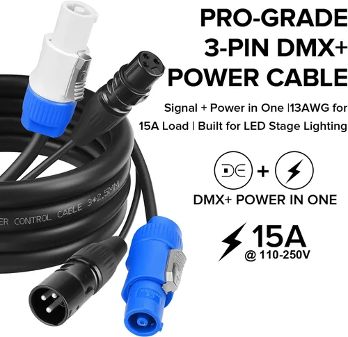 Vista 2 de SMALL-EYE Cable de enlace combinado DMX y Power Con de 3 pines de 2 pies – Control de potencia 13AWG DMX macho a hembra cable para accesorios