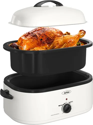 Vista 30 de Sunvivi Horno asador eléctrico con tapa visible, horno asador de pavo de 24 cuartos de galón con sartén y estante extraíbles, acero inoxidable