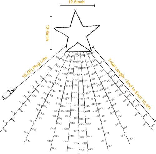 Vista 4 de Luces de Cadena de Estrella de Navidad, 320 Luces LED de Cascada para Árbol con Estrella Superior de 13", 8 Modos de Iluminación para Interiores