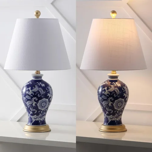 Vista 5 de JONATHAN Y JYL3009E Grace 24" lámpara de mesa LED de cerámica/hierro estilo floral de campo francés, azul marino/blanco para dormitorio, sala