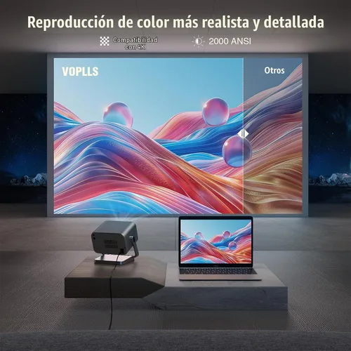 Vista 2 de [Netflix oficial y enfoque automático] Proyector VOPLLS 4K con WiFi y Bluetooth, sonido estéreo 3D y proyector de video Keystone automático